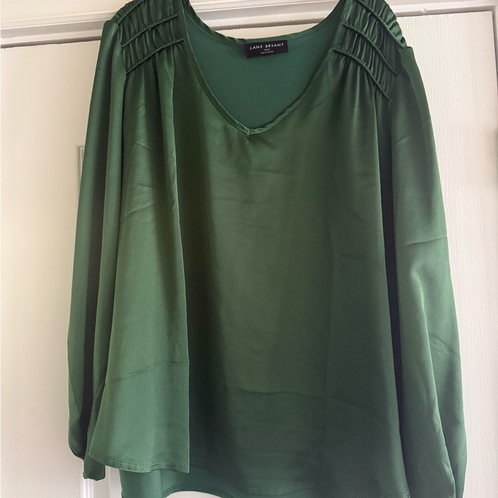 Lane Bryant Forest Green V-Neck Pleated Shoulder Blouse